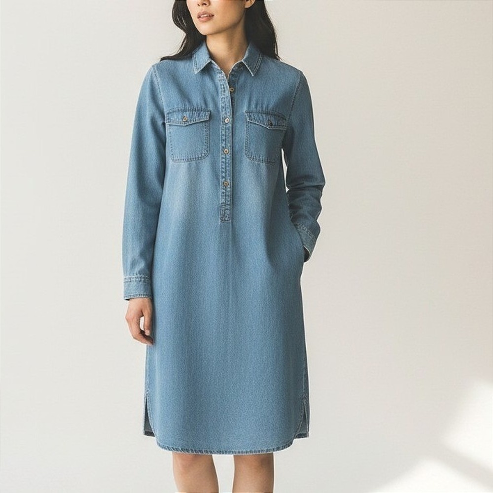Old Navy Womens Blue Chambray Denim‎ Shirt Dress Long Sleeve Light Wash Medium